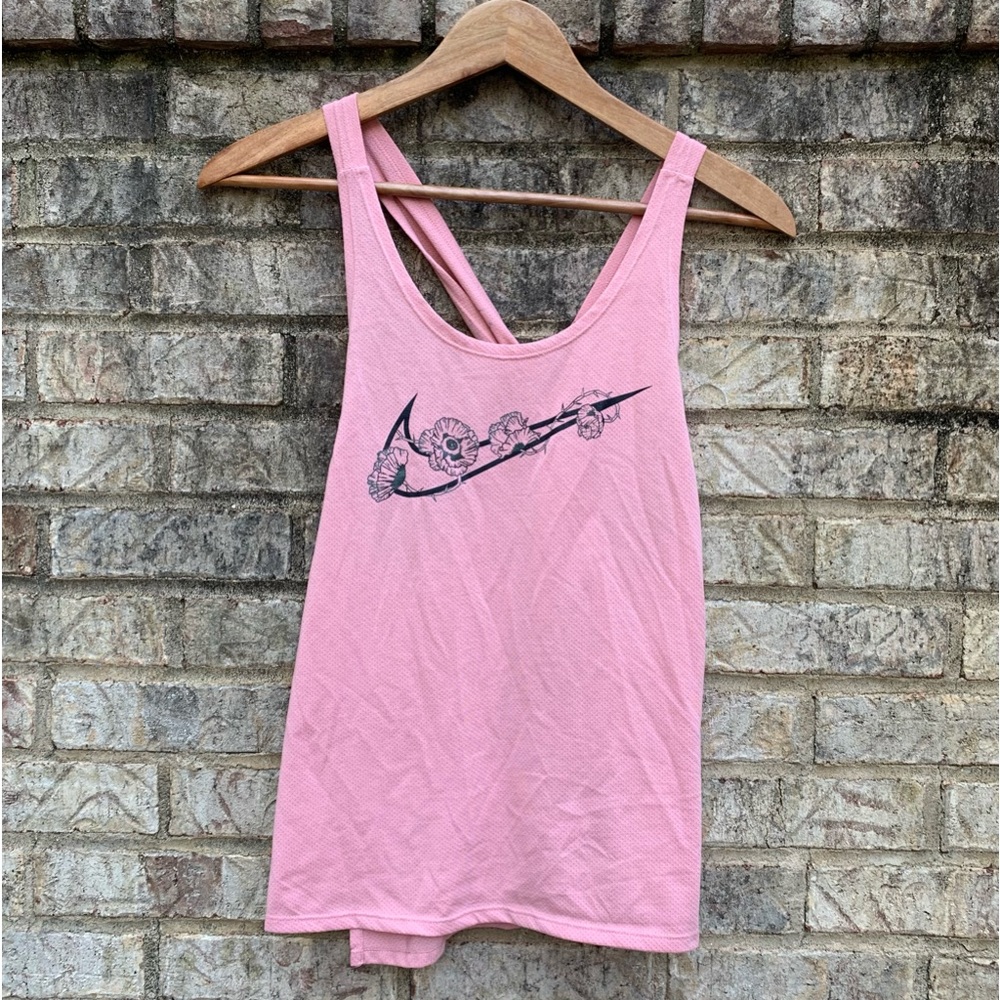 Nike Split-Back Tank Pink with swoosh and flowers Dri-Fit Size Medium